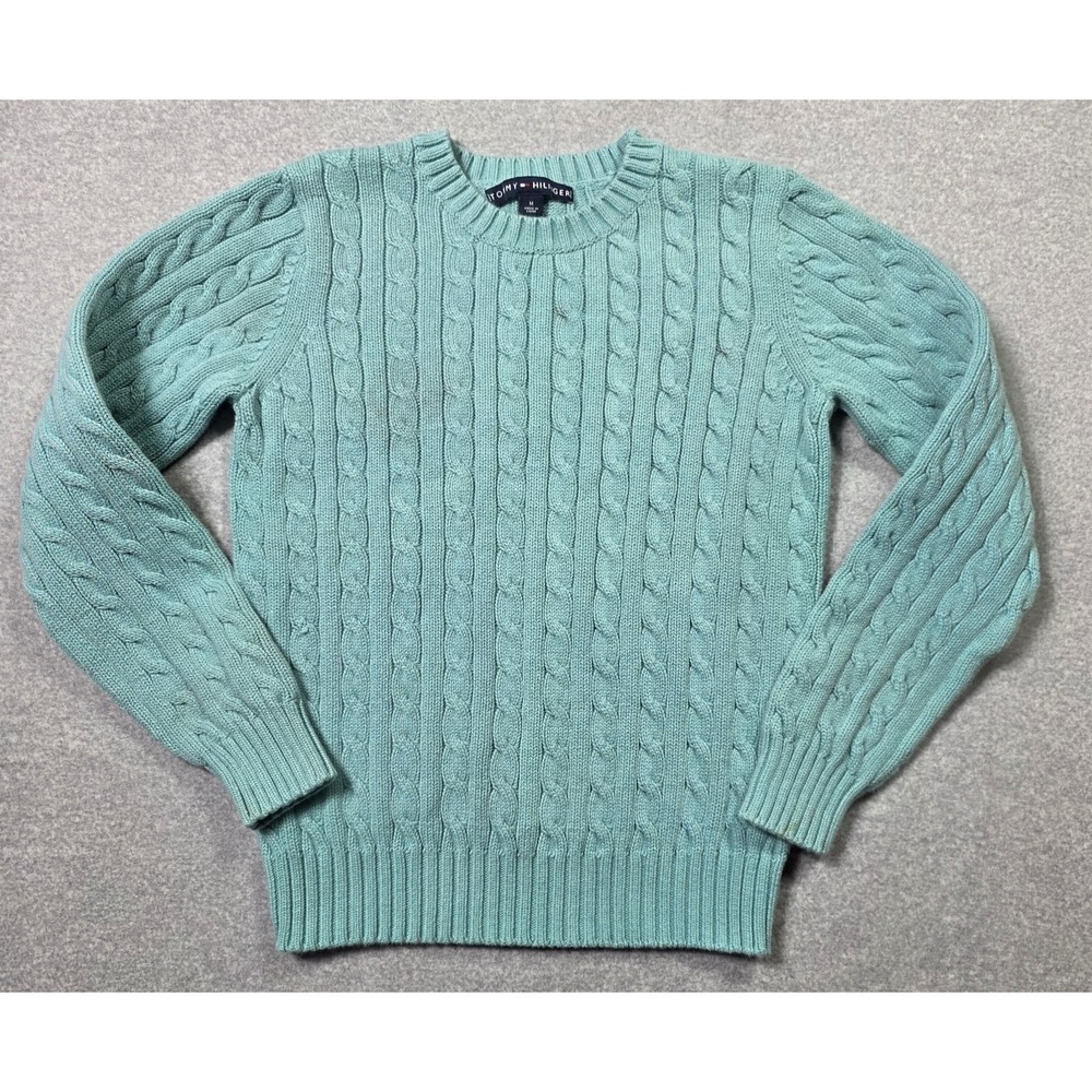 Vintage Tommy Hilfiger Sweater Womens M Turquoise Hand Knit Cable Pullover Y2K